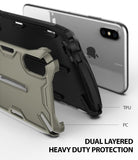 iPhone XS Case | Dual-X [DX] - Exploded view showing dual-layered TPU and PC protective case components for an iPhone XS.