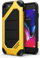 iPhone 8 / 7 Case | Max - Rugged yellow and black protective case on an iPhone with a colorful abstract screen display.