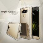 LG G5 | Mirror - Gold LG G5 phones in clear, reflective Ringke Fusion mirror cases against a geometric background.