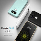 LG G5 Case | Slim - Four LG G5 smartphones in mint, white, black, and gold with Ringke slim cases on a gray background.