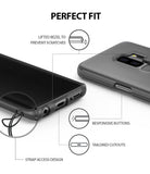 Galaxy S9 Plus Case | Slim - Diagram highlighting case features: lifted bezel, responsive buttons, cutouts, and strap access.