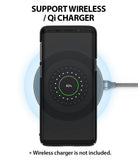 Galaxy S9 Plus Case | Slim - Black phone in a slim case charging wirelessly on a Qi pad showing 82% battery level.