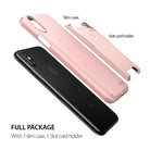 iPhone X Case | Slim + Slot Card Holder - Black iPhone X with a peach pink slim case and a matching card holder attachment.