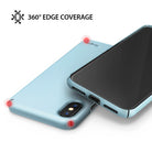 iPhone X Case | Slim + Slot Card Holder - Sky blue phone case with 360-degree edge coverage highlighted by red dots.