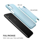 iPhone X Case | Slim + Slot Card Holder - A black iPhone X beside a light blue slim case and a matching card holder.