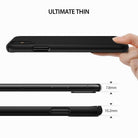 iPhone X Case | Slim + Slot Card Holder - Hand holding a thin black phone case, showing 7.8mm and 10.2mm thickness comparisons.