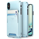 iPhone X Case | Slim + Slot Card Holder - Sky blue slim phone case with a rear card slot holding a credit card.