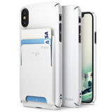 iPhone X Case | Slim + Slot Card Holder - White slim phone case with a rear card slot holding two cards, shown from back and front.