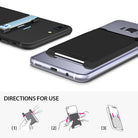 Card Holder | Slot [Solid - 2 Cards] [2 Pack] - Black - Two black adhesive card holders attached to smartphones with instructions.