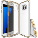 Galaxy S7 Edge Case | Frame - Clear phone case with metallic gold bumper shown from front, back, and bottom angles.