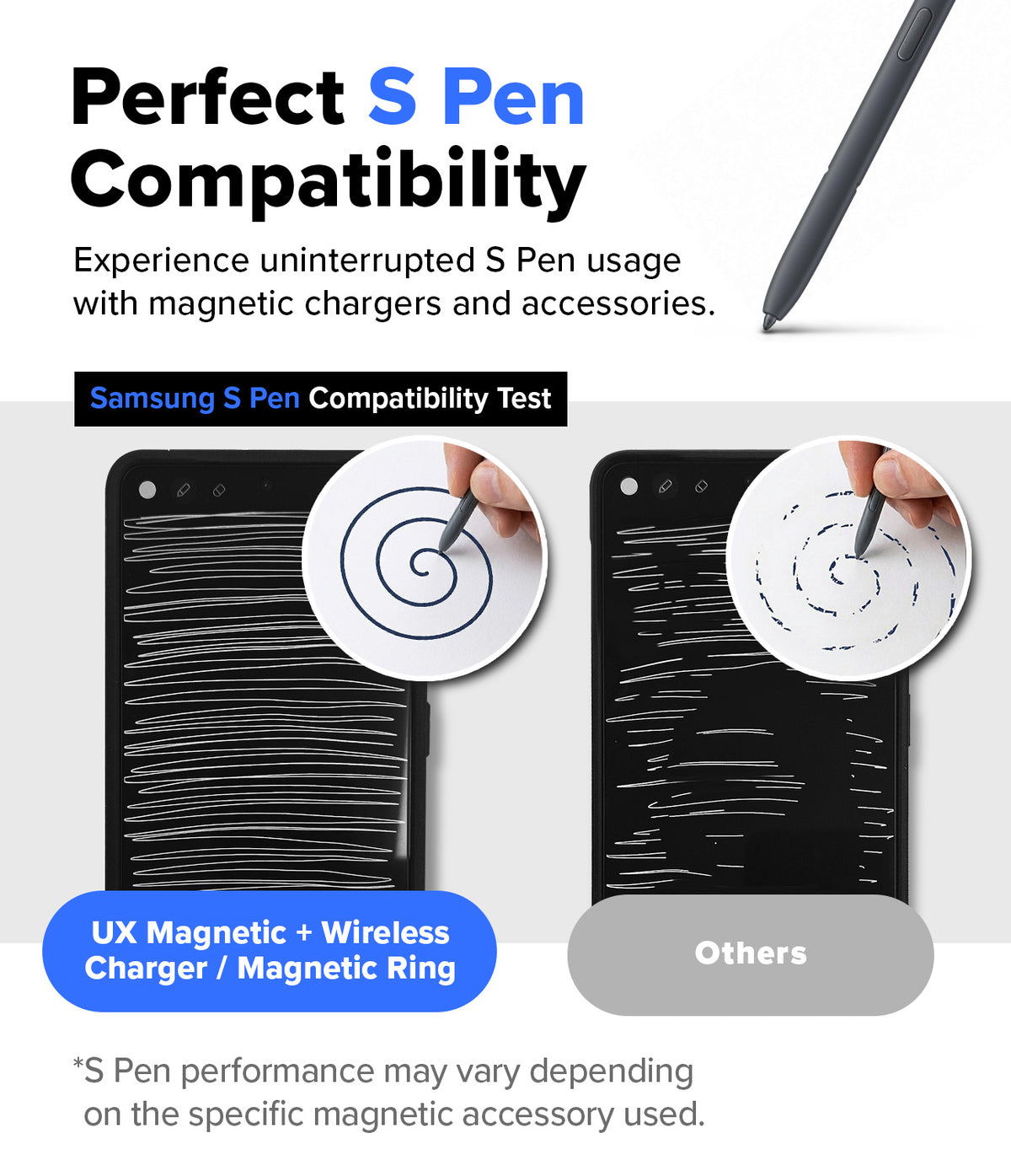 Galaxy S26 Ultra Case | UX Magnetic - Comparison showing smooth S Pen lines on UX case versus broken lines on others.