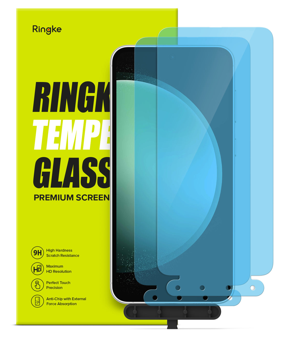 Galaxy S23 FE Screen Protector | Full Cover Glass - Galaxy S23 FE Screen Protector - Two blue-tinted tempered glass screen protectors in front of a lime green Ringke product box.