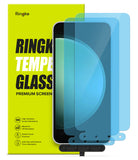 Galaxy S23 FE Screen Protector | Full Cover Glass - Galaxy S23 FE Screen Protector - Two blue-tinted tempered glass screen protectors in front of a lime green Ringke product box.