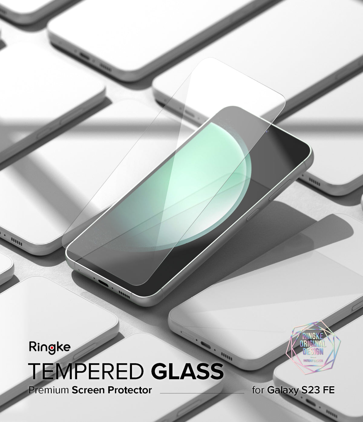 Galaxy S23 FE Screen Protector | Full Cover Glass - Galaxy S23 FE Screen Protector - Transparent tempered glass screen protector hovering above a Galaxy S23 FE smartphone.