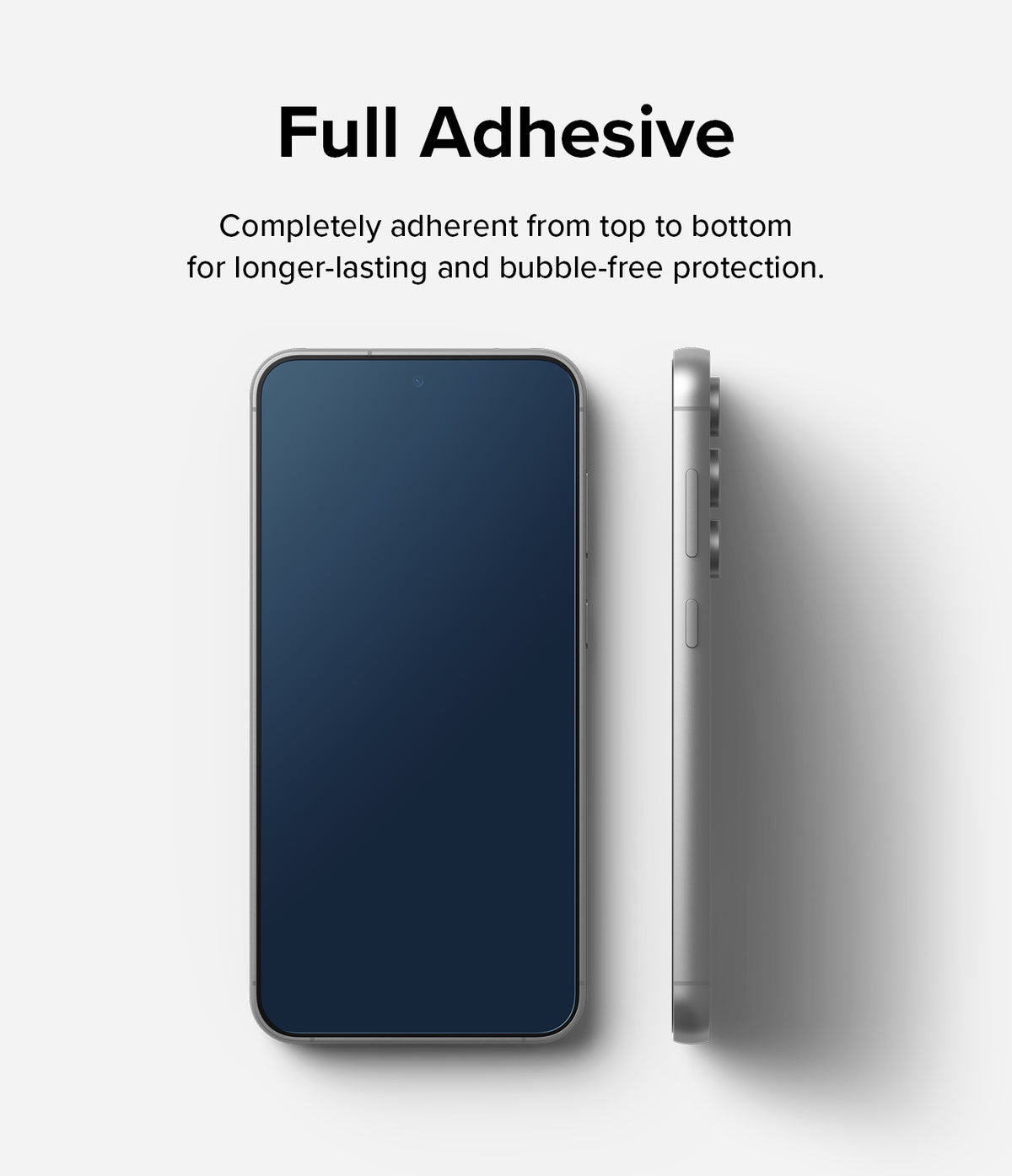Galaxy S23 FE Screen Protector | Full Cover Glass - Galaxy S23 FE Screen Protector - Front and side views of a smartphone with a full-adhesive glass screen protector applied.