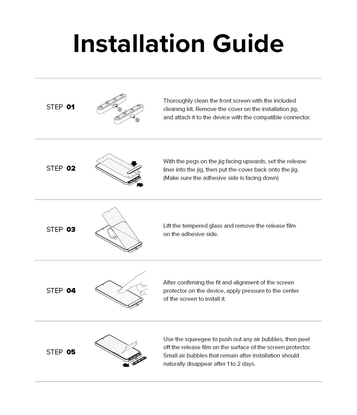 Galaxy S23 FE Screen Protector | Full Cover Glass - Five-step illustrated guide for installing a screen protector.