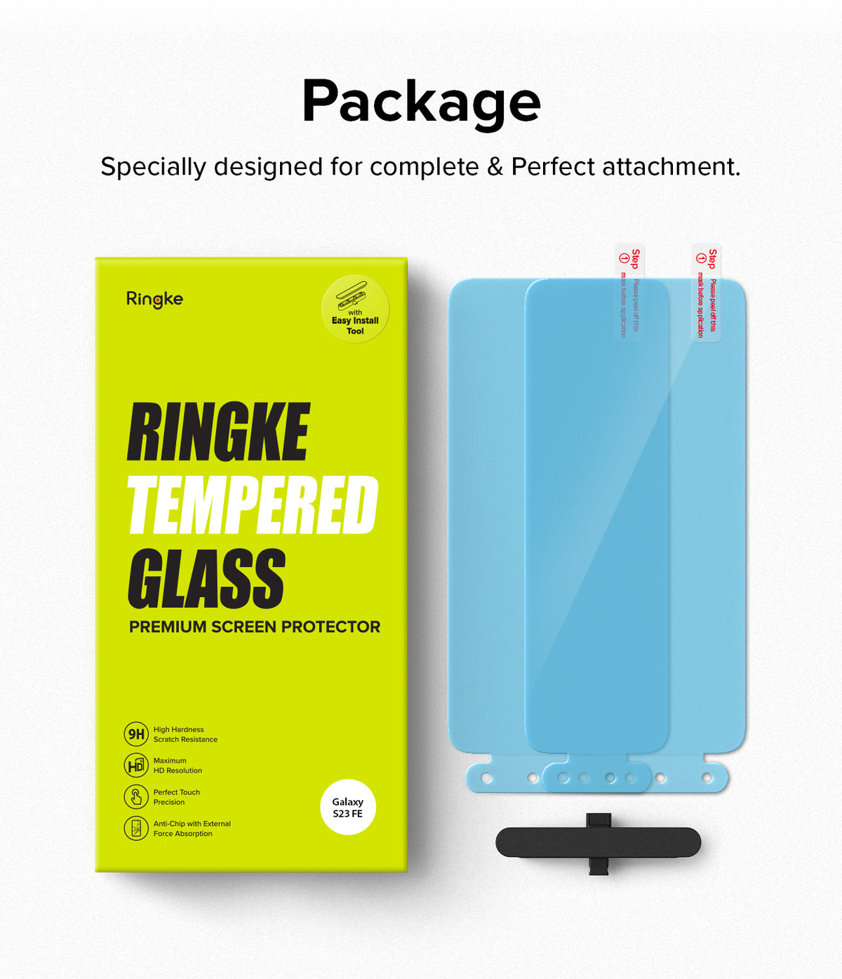 Galaxy S23 FE Screen Protector | Full Cover Glass - Ringke tempered glass packaging with two screen protectors and tool.