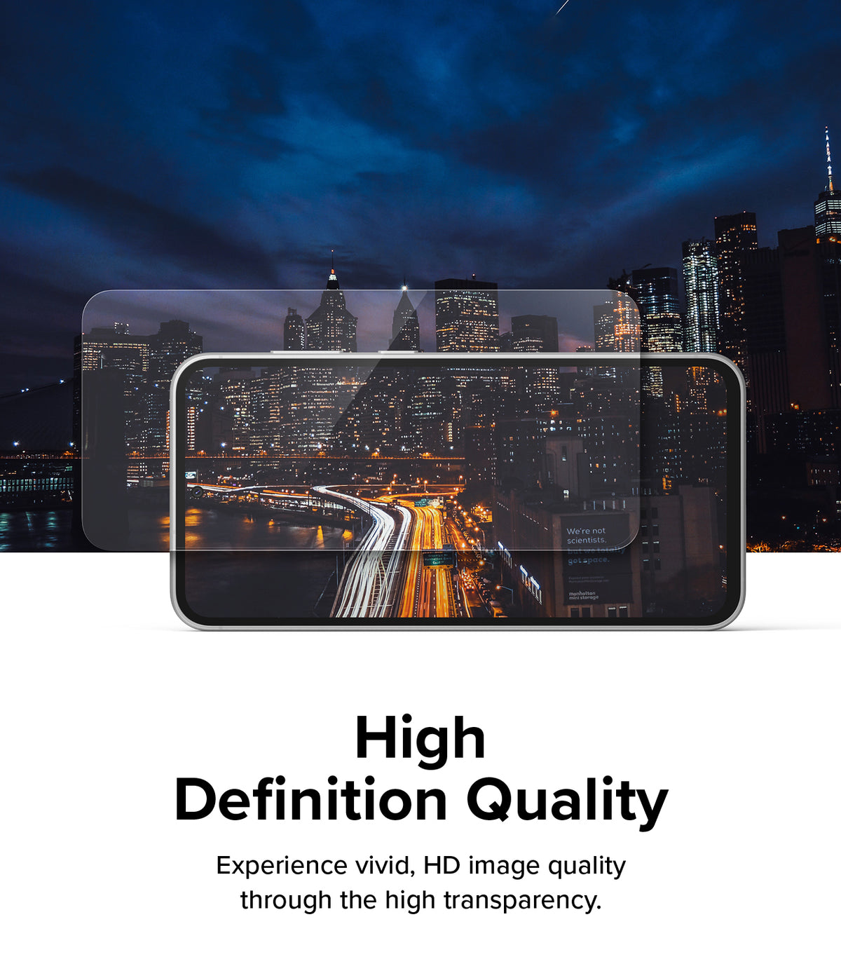 Galaxy S23 FE Screen Protector | Full Cover Glass - Galaxy S23 FE Screen Protector - Transparent glass protector hovering over a smartphone displaying a vibrant city night view.