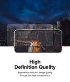 Galaxy S23 FE Screen Protector | Full Cover Glass - Galaxy S23 FE Screen Protector - Transparent glass protector hovering over a smartphone displaying a vibrant city night view.