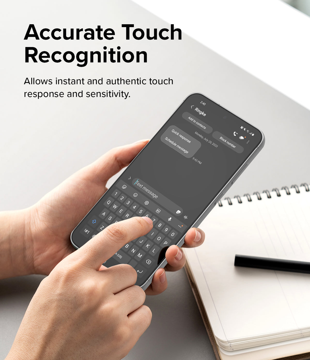 Galaxy S23 FE Screen Protector | Full Cover Glass - Galaxy S23 FE Screen Protector - Hands typing on a smartphone screen to demonstrate touch sensitivity and responsiveness.