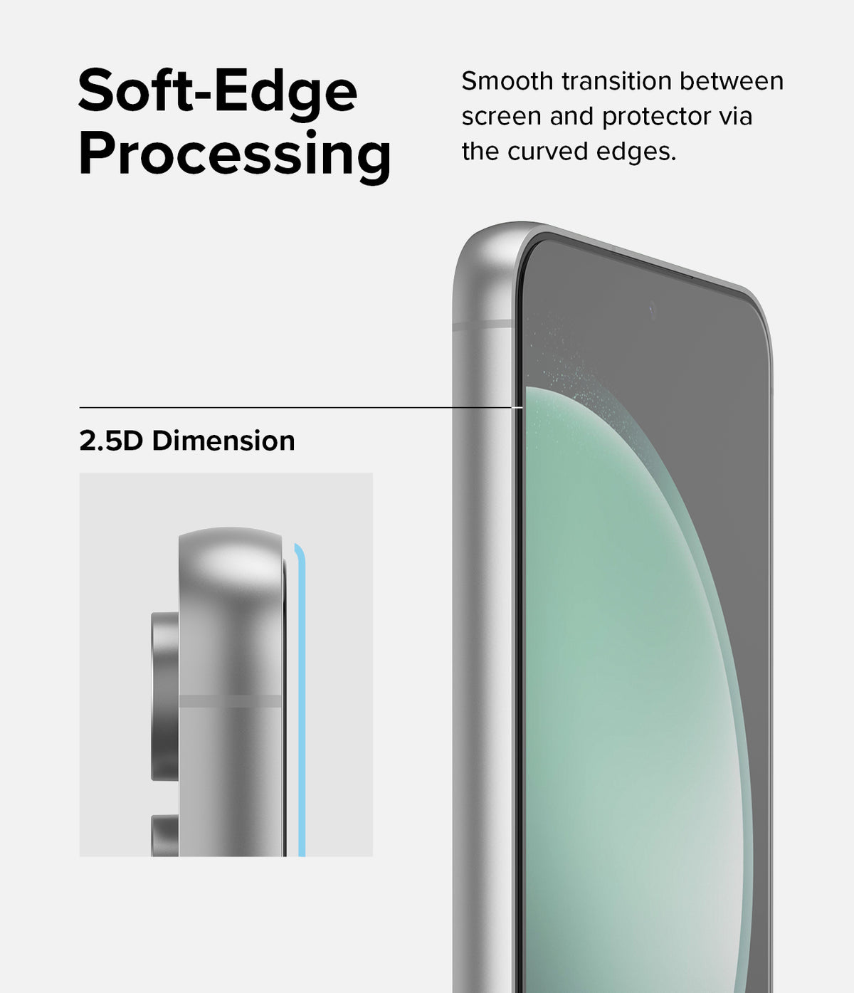Galaxy S23 FE Screen Protector | Full Cover Glass - Galaxy S23 FE Screen Protector - Close-up of a phone screen with a 2.5D curved glass protector showing smooth edge transition.