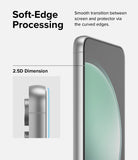 Galaxy S23 FE Screen Protector | Full Cover Glass - Galaxy S23 FE Screen Protector - Close-up of a phone screen with a 2.5D curved glass protector showing smooth edge transition.