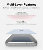 Galaxy S23 FE Screen Protector | Full Cover Glass - Galaxy S23 FE Screen Protector - Exploded view showing oleophobic coating, tempered glass, and AB film layers on a phone.