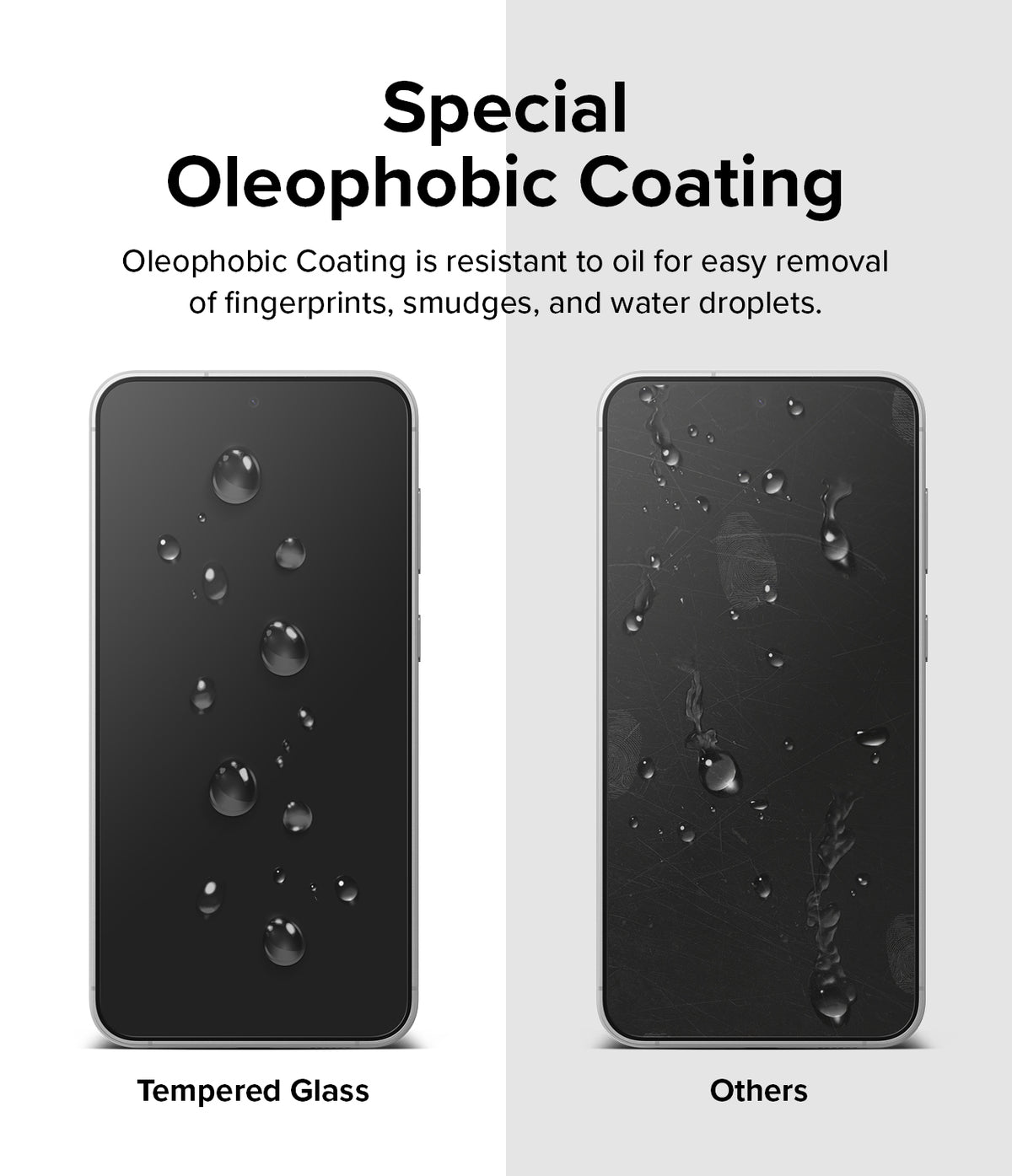Galaxy S23 FE Screen Protector | Full Cover Glass - Galaxy S23 FE Screen Protector - Comparison showing water beading on tempered glass versus smudged screen on others.