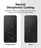 Galaxy S23 FE Screen Protector | Full Cover Glass - Galaxy S23 FE Screen Protector - Comparison showing water beading on tempered glass versus smudged screen on others.