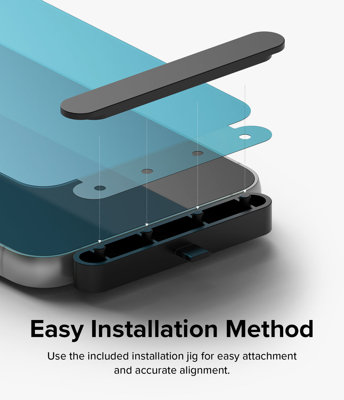 Galaxy S23 FE Screen Protector | Full Cover Glass - Galaxy S23 FE Screen Protector - Smartphone screen protector being aligned and installed using a black plastic guide jig.