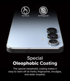 Galaxy S24 FE | Camera Lens Frame Glass - Galaxy S24 FE - Camera lens protectors on a light blue phone with True Touch and Anti-Fingerprint icons.