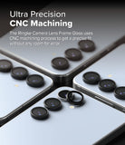 Galaxy S24 FE | Camera Lens Frame Glass - Close-up of black lens protectors being applied to a light blue smartphone.