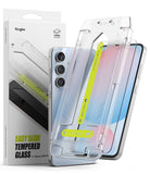 Galaxy S24 FE Screen Protector | Easy Slide Tempered Glass - Galaxy S24 FE Screen Protector - Easy Slide tempered glass installation kit with alignment frame and Galaxy S24 FE phone.