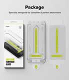 Galaxy S24 FE Screen Protector | Easy Slide Tempered Glass - Galaxy S24 FE Screen Protector - Retail box and two Easy Slide tempered glass installation kits with alignment frames.