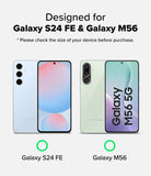 Galaxy S24 FE Screen Protector | Easy Slide Tempered Glass - Galaxy S24 FE Screen Protector - Comparison showing Galaxy S24 FE and Galaxy M56 smartphones with green checkmarks.
