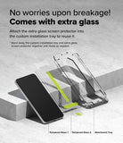 Galaxy S24 FE Screen Protector | Easy Slide Tempered Glass - Galaxy S24 FE Screen Protector - Two tempered glass protectors and an installation tray displayed on a concrete surface.