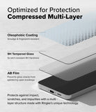 Galaxy S24 FE Screen Protector | Easy Slide Tempered Glass - Galaxy S24 FE Screen Protector - Exploded view showing oleophobic, 9H tempered glass, and AB film layers on a smartphone.