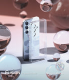 Galaxy S24 FE Case | Fusion - Clear phone case standing beside a Galaxy S24 FE phone amidst floating glass spheres.