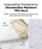 Galaxy S24 FE Case | Fusion - Comparison of yellowed old TPU case and clear new TPU case with raw material pellets.
