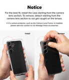 Galaxy S24 FE Case | Fusion Matte - Instructions showing how to install and remove the phone case around the camera lenses.