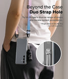 Galaxy S24 FE Case | Fusion Matte - Person wearing a phone case with a colorful strap and small bag attached via duo strap holes.