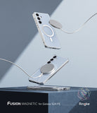 Galaxy S24 FE Case | Fusion Magnetic - Clear phone cases floating with magnetic chargers attached against a blue background.