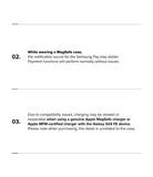 Galaxy S24 FE Case | Fusion Magnetic - Text listing compatibility notes regarding Samsung Pay sounds and Apple chargers.