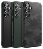 Galaxy S24 FE Case | Onyx - Three Galaxy S24 FE cases in black, green, and black camo textures with triple camera cutouts.