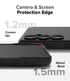 Galaxy S24 FE Case | Onyx - Black phone case showing 1.2mm camera lips and 1.5mm raised screen bezel for protection.