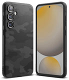 Galaxy S24 FE Case | Onyx - Black phone case with a textured camo pattern on the back and a front view of the screen.