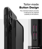 Galaxy S24 FE Case | Onyx - Close-up of black phone case buttons with textured grip and highlighted aperture lines.