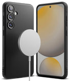 Galaxy S24 FE Case | Onyx Magnetic - Black textured phone case showing front and back views with a white magnetic charger.