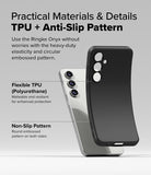 Galaxy S24 FE Case | Onyx Magnetic - Flexible black TPU phone case being bent to show durability next to a silver phone.