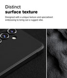 Galaxy S24 FE Case | Onyx Magnetic - Close-up of a black phone case with a textured surface next to a rugged, dark stone texture.